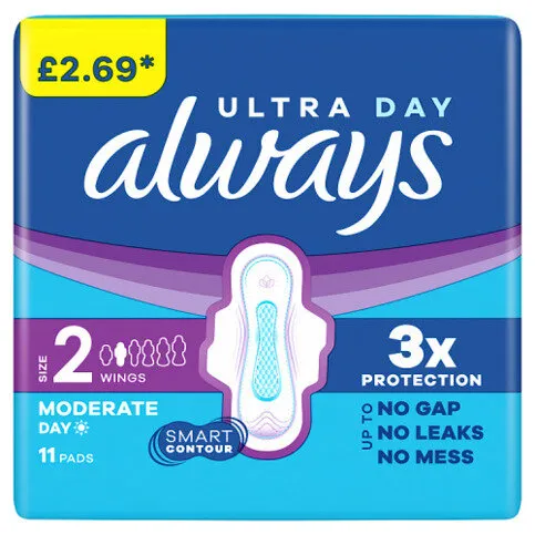 Always Ultra Sanitary Towels Moderate Flow Day  (Size 2) Wings 11 Pads